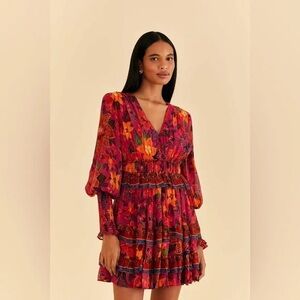 FARM Rio Floral Mini V Neck Long Sleeve Dress